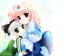  bad_id bad_pixiv_id green_eyes hug konpaku_youmu multiple_girls natsukawa_sarasa pink_hair ribbon saigyouji_yuyuko short_hair silver_hair touhou 