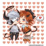  chibi couple gaia_online grey_hair headband heart horns kiss red_hair redhead 