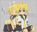 1girl back-to-back bad_id bad_pixiv_id blonde_hair blue_eyes brother_and_sister closed_eyes detached_sleeves hair_ornament hair_ribbon hairclip headphones kagamine_len kagamine_rin midriff necktie ribbon short_hair siblings sitting sleeping tooi twins vocaloid yellow_neckwear 