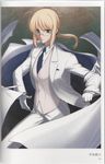  artbook artoria_pendragon_(all) bespectacled blonde_hair cape chuuou_higashiguchi fate/zero fate_(series) formal glasses green_eyes highres pant_suit ponytail reverse_trap saber scan solo suit waistcoat 