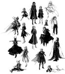  6+girls ahoge cape child coat copyright_request crossed_arms formal greyscale highres horns long_hair lying monochrome multiple_boys multiple_girls on_stomach overcoat running shield sitting starshadowmagician suspenders 