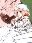  bad_id bad_pixiv_id cherry_blossoms dango eating food hanami hat nise_nanatsura petals pink_hair saigyouji_yuyuko sketch solo touhou tree wagashi 