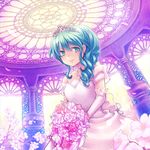  alternate_hairstyle aqua_eyes aqua_hair bouquet bride cherry_blossoms choker curly_hair dress earrings elbow_gloves flower gloves hatsune_miku jewelry moc necklace rose smile solo tiara vocaloid wedding_dress 