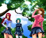  bad_id bad_pixiv_id blue_hair brown_hair cardigan cloud day kirijou_mitsuru kotobuki_toro miniskirt multiple_girls outdoors persona persona_3 pleated_skirt red_hair school_uniform shading_eyes skirt sky takeba_yukari thighhighs tree upskirt white_legwear yamagishi_fuuka 