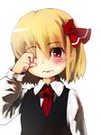  blonde_hair blush face hair_ribbon hand_on_own_face hand_on_own_head looking_at_viewer murani necktie red_eyes red_neckwear ribbon rubbing_eyes rumia short_hair solo tears touhou 