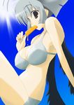  amanogawa_shobou antenna_hair arm_support bikini black_wings blue_eyes breasts cleavage dripping eating food kamyu large_breasts popsicle short_hair silver_hair solo swimsuit utawareru_mono wings 