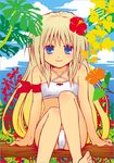  ali_(maidoari) armband barefoot bikini blonde_hair blue_eyes day flower hibiscus little_busters! long_hair noumi_kudryavka solo swimsuit toes 