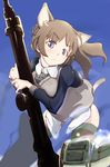  alternate_hairstyle animal_ears blue_eyes breasts brown_hair cat_ears gun kazamidori_(lumq) large_breasts long_hair lynette_bishop solo strike_witches striker_unit striped tail thighhighs weapon world_witches_series 
