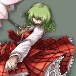  ascot bad_id bad_pixiv_id evil_smile green_hair ishikoro kazami_yuuka outstretched_arms petticoat plaid plaid_skirt plaid_vest red_eyes shaded_face short_hair simple_background skirt skirt_set smile solo spinning spread_arms touhou umbrella vest 