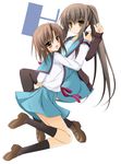  brown_eyes brown_hair cardigan genderswap genderswap_(mtf) kita_high_school_uniform koizumi_itsuki_(female) kyonko long_hair multiple_girls ponytail school_uniform serafuku short_hair suzumiya_haruhi_no_yuuutsu thighhighs tomosuke 