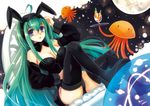 animal_ears bad_id bad_pixiv_id boots breasts bunny_ears bunny_girl bunny_tail bunnysuit carrot cleavage detached_sleeves full_moon glass large_breasts long_hair macchatei_koeda moon octopus original purple_eyes solo tail thigh_boots thighhighs tray 