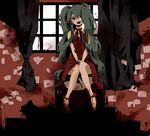  blood crazy dress empty_eyes green_eyes green_hair hatsune_miku horiro horror_(theme) long_hair red_dress rotten_girl_grotesque_romance_(vocaloid) sitting smile solo twintails very_long_hair vocaloid yandere 