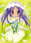  :&lt; absurdres blue_eyes blush bouquet bridal_veil bride dress flower frown highres hiiragi_kagami lavender_hair looking_away lucky_star solo ueno_chiyoko veil wedding_dress 