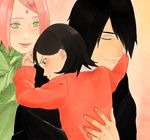  2girls bad_id bad_pixiv_id black_hair blush closed_eyes family haruno_sakura hug multiple_girls naruto naruto_(series) sesame307 tears uchiha_sarada uchiha_sasuke 