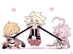  &gt;_&lt; 2boys :d ahoge bad_id bad_pixiv_id blazblue blonde_hair blush bodysuit braid cape chibi closed_eyes eyepatch food heart heart_ahoge jacket jin_kisaragi kuro_yuzu military military_uniform multiple_boys nu-13 open_mouth pocky pocky_day ragna_the_bloodedge red_jacket silver_hair smile sweatdrop uniform xd 