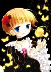  beatrice blonde_hair blue_eyes bug butterfly choker fang flower hair_bun hair_flower hair_ornament insect petals red_flower red_rose rose sakurazawa_izumi smile solo tears umineko_no_naku_koro_ni wide_sleeves yellow_flower yellow_rose 