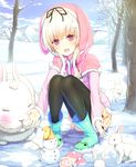  :d animal_hood black_legwear blonde_hair blush boots building bunny bunny_hair_ornament cloud coat day hair_ornament hood knees_together_feet_apart long_hair long_sleeves mittens mittens_removed open_mouth original outdoors outstretched_arms pantyhose peragura pleated_skirt red_eyes rubber_boots sitting skirt smile snow snowman striped striped_skirt tree 