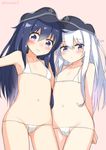  akatsuki_(kantai_collection) bikini blue_eyes blush cowboy_shot flat_chest hat hibiki_(kantai_collection) kamoto_tatsuya kantai_collection long_hair micro_bikini multiple_girls navel pink_background sweatdrop swimsuit white_hair 