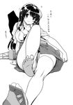  akagi_(kantai_collection) barefoot breasts feet greyscale highres japanese_clothes kantai_collection kazumi_yoshiyuki large_breasts monochrome muneate nipples pussy sandals shoes single_shoe smile solo thighhighs translation_request 