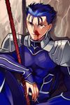  bad_id bad_pixiv_id blood blue_hair fate/stay_night fate_(series) gae_bolg lancer long_hair male_focus naoko_(juvenile) nosebleed polearm ponytail red_eyes solo spear weapon 