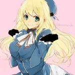  artist_name atago_(kantai_collection) beret black_gloves blonde_hair blue_eyes breast_squeeze breasts gloves hat hita_(hitapita) kantai_collection large_breasts long_hair looking_at_viewer pink_background simple_background sketch smile solo twitter_username uniform 