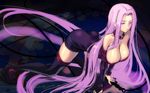  absurdly_long_hair all_fours ass bare_shoulders black_legwear boots breasts coffee_cat collar dress fate/stay_night fate_(series) jpeg_artifacts large_breasts long_hair purple_eyes purple_hair rider sketch solo strapless strapless_dress thigh_boots thighhighs very_long_hair 