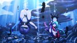  3girls arms_behind_back asphyxiation bdsm black_hair blindfold blue_hair blush bondage bound bubble bubbles drowning eyes_closed highres hogtie midriff multiple_girls peril rou271 rou_(artist) smile underwater water 