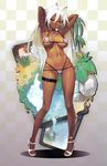  1girl :&lt; absurdres anklet antenna_hair armlet armpits arms_up bare_legs bare_shoulders bikini breasts cameltoe choker cleavage covered_nipples dark_elf dark_skin elf erect_nipples full_body hair_between_eyes high_heels highres jewelry large_breasts long_hair looking_at_viewer micro_bikini namaniku_atk navel necklace pink_bikini pointy_ears sandals sansei_muramasa scan shiny shiny_skin skindentation solo soukou_akki_muramasa string_bikini swimsuit very_long_hair white_hair yellow_eyes 