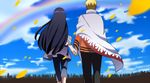  1girl black_hair blonde_hair cape from_behind holding_hands husband_and_wife hyuuga_hinata long_hair naruto naruto_(series) older short_hair spoilers uzumaki_naruto very_long_hair yumekoi_(cc123159) 