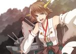  &gt;:o 1girl :o bare_shoulders blue_eyes brown_hair detached_sleeves headgear hiei_(kantai_collection) kantai_collection nontraditional_miko outstretched_arms sarashi sash short_hair solo spread_arms tsukamoto_minori turret 