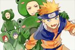  3boys akatsuki_(naruto) animal_costume blonde_hair blue_eyes brown_eyes forehead_protector frog_costume jiraiya kkkkt konan long_hair multiple_boys nagato_(naruto) naruto naruto_(series) naruto_shippuuden purple_hair red_hair smile time_paradox uzumaki_naruto what_if yahiko_(naruto) 