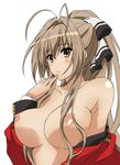  amagi_brilliant_park antenna_hair bare_shoulders blush breasts brown_eyes brown_hair highres large_breasts long_hair looking_at_viewer nipples ponpon ponytail sento_isuzu simple_background solo white_background 