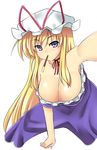  absurdres arm_support armpits blonde_hair blush breasts cleavage collarbone commentary_request dress food foreshortening hanging_breasts hat highres huge_breasts leaning_forward long_hair looking_at_viewer mob_cap mokkori9 mouth_hold pocky pocky_day purple_eyes solo touhou very_long_hair yakumo_yukari 