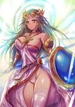  bare_shoulders breasts choker dress green_eyes green_hair highleg highleg_panties jewelry kara_(color) kid_icarus large_breasts long_hair narrow_waist necklace palutena panties pendant pink_dress pink_panties shield side_slit single_thighhigh smile solo staff strapless strapless_dress thighhighs tiara underwear vambraces 