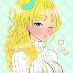  asymmetrical_hair bad_id bad_twitter_id blown_kiss blue_eyes blush breasts casual earrings eyelashes fujima_(k114) full-face_blush galko jewelry large_breasts long_hair one_side_up oshiete!_galko-chan puckered_lips ribbed_sweater scrunchie side_bun solo stud_earrings sweater turtleneck 