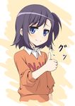  bad_id bad_pixiv_id blue_eyes blush collared_shirt looking_at_viewer matsuyama_nozomu miyauchi_hikage non_non_biyori orange_shirt purple_hair shirt short_hair side_ponytail smile solo sweater thumbs_up upper_body 