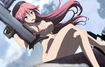  1girl asami_lilith blue_eyes blush braid breasts bullet cloud furuya_kouji gun hat highres long_hair naked nipples nude nude_filter open_mouth photoshop pink_hair sitting sky solo solo_focus teeth thighs trinity_seven weapon 