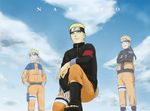  age_progression bandages blonde_hair blue_eyes character_name crossed_arms forehead_protector grin hands_on_hips jacket jumpsuit kneeling male_focus multiple_persona naruto:_the_last naruto_(series) one_eye_closed sandals serious smile tooofu uzumaki_naruto 