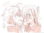  1girl bad_id bad_pixiv_id blush elizabeth_liones eyelashes food hair_over_one_eye long_hair meliodas monochrome mouth_hold nanatsu_no_taizai pocky saikawa_yusa short_hair smile translated 