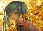  aqua_eyes aqua_hair autumn autumn_leaves backlighting bow bowtie evening hair_ribbon hatsune_miku leaf light_particles long_hair long_sleeves looking_at_viewer maple_leaf parted_lips ribbon solo sunlight tidsean tree_branch upper_body vocaloid wings 