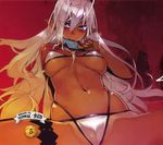  absurdres antenna_hair bare_shoulders bikini breasts cameltoe dark_elf dark_skin elf hair_between_eyes heavy_breathing highres large_breasts long_hair looking_at_viewer mouth_hold namaniku_atk navel pointy_ears sansei_muramasa scan skindentation solo soukou_akki_muramasa spread_legs string_bikini swimsuit thigh_strap underboob white_bikini white_hair 