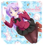  animal_ears blush bunny bunny_ears bunny_tail carrot character_name commentary_request crossdressing happiness! kemonomimi_mode long_hair looking_at_viewer male_focus open_mouth otoko_no_ko pantyhose purple_eyes purple_hair school_uniform skirt solo tail tamakake watarase_jun 