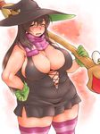  banjo-kazooie belly blush breasts broom brown_hair cleavage cookie_(touhou) costume dress earrings embarrassed eyebrows fat fat_folds gloves gruntilda_winkybunion hat highres huge_breasts jewelry kanna_(cookie) long_hair looking_at_viewer original red_eyes scarf solo striped striped_legwear sweatdrop thick_eyebrows thick_thighs thighhighs thighs tobatoinu wide_hips witch witch_hat 