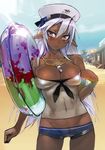  :&lt; absurdres antenna_hair beach breasts brown_eyes bursting_breasts cleavage collarbone covered_navel dark_elf dark_skin day elf hair_between_eyes hat highres innertube jewelry large_breasts long_hair namaniku_atk necklace outdoors pointy_ears sansei_muramasa scan short_shorts shorts solo soukou_akki_muramasa whistle white_hair wristband 