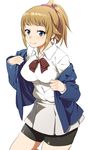  bike_shorts blue_eyes blush bow breasts brown_hair gundam gundam_build_fighters gundam_build_fighters_try hoshino_fumina inu_(aerodog) long_sleeves medium_breasts ponytail school_uniform shiny shiny_hair short_hair shorts shorts_under_skirt skirt smile solo undressing 