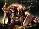  ahri animal_ears armor axe bare_shoulders blood breasts detached_sleeves ear_protection facial_mark forehead_kiss forehead_protector fox_ears hand_on_another's_face injury kiss korean_clothes league_of_legends leona_(league_of_legends) long_hair medium_breasts multiple_girls sachiel_(artist) sword weapon whisker_markings yellow_eyes yuri 