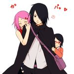  2girls black_hair closed_eyes family father_and_daughter glasses hair_ornament hair_over_one_eye hairclip haruno_sakura hug hug_from_behind kuoooo mother_and_daughter multiple_girls naruto naruto_(series) pink_hair red-framed_eyewear short_hair smile uchiha_sarada uchiha_sasuke 