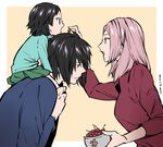  2girls black_hair carrying cherry family father_and_daughter feeding food fruit green_eyes haruno_sakura husband_and_wife long_hair mother_and_daughter multiple_girls naruto naruto_(series) no_eyewear open_mouth pink_hair short_hair shoulder_carry uchiha_sarada uchiha_sasuke wand3754 