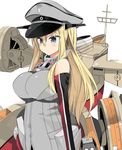  araki_kanao bare_shoulders bismarck_(kantai_collection) blonde_hair blue_eyes blush breasts detached_sleeves hat impossible_clothes kantai_collection large_breasts long_hair long_sleeves machinery military military_uniform peaked_cap simple_background solo turret uniform white_background 