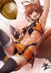  abs acorn animal_ears antenna_hair arm_up armpits black_gloves black_panties blazblue breasts brown_eyes brown_hair fingerless_gloves gloves highleg highleg_panties huge_breasts makoto_nanaya multicolored_hair navel open_mouth orange_skirt panties revealing_clothes short_hair signature skirt solo sowel_(sk3) squirrel_ears squirrel_tail tail thighhighs toned two-tone_hair underboob underwear 